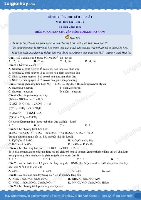 Đề thi giữa kì 2 Hóa 10 - Cánh diều - Đề số 1